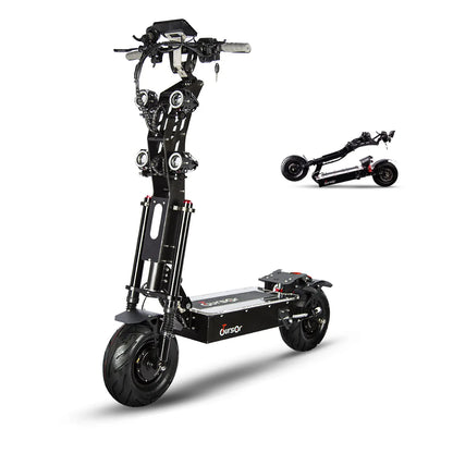 Black electric scooter with folded scooter inset on a white background