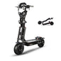 Black electric scooter with folded scooter inset on a white background