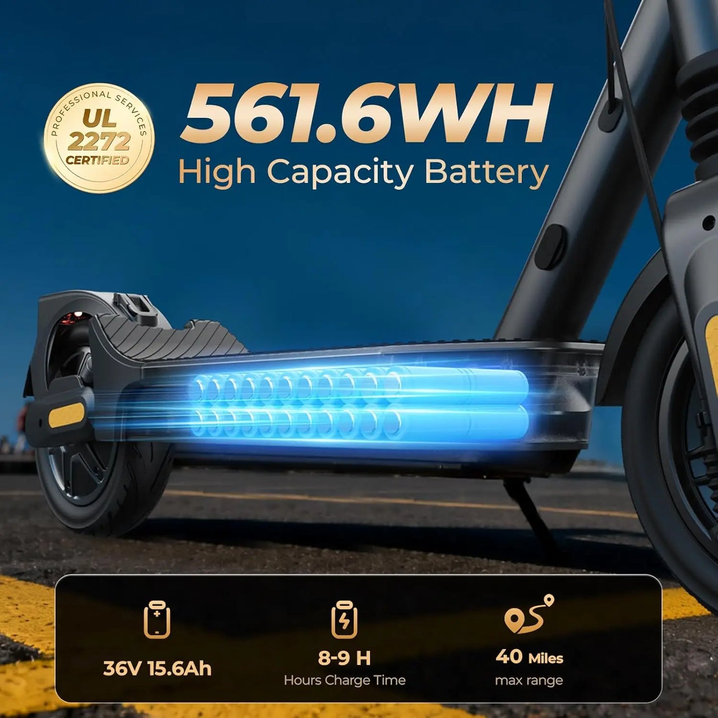 Electric scooter with highlighted battery capacity and features on a blurred road background