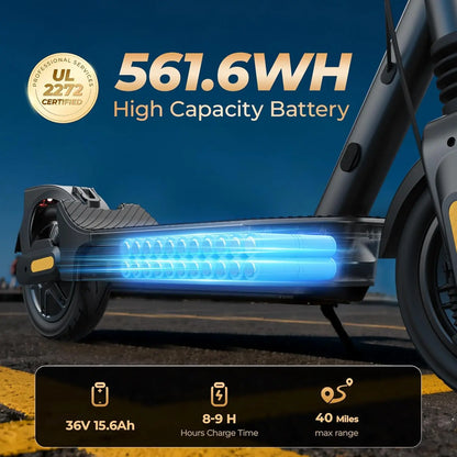 Electric scooter with highlighted battery capacity and features on a blurred road background