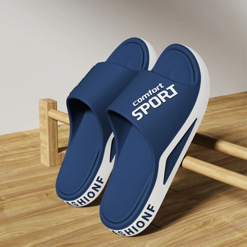 Blue slides with white text on a wooden surface