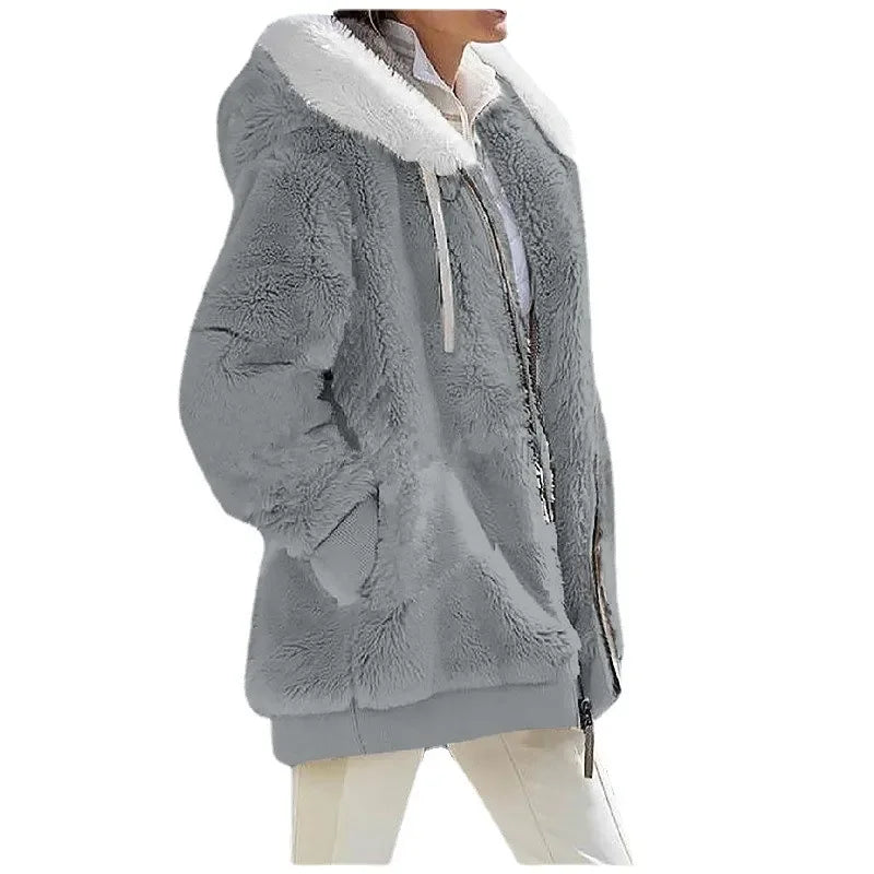 Herbst-Winter-Mode Damenmantel Neu Lässig Kapuzenreißverschluss Damenbekleidung Kaschmir Damen-Fleecejacke Einfarbige Damenmäntel