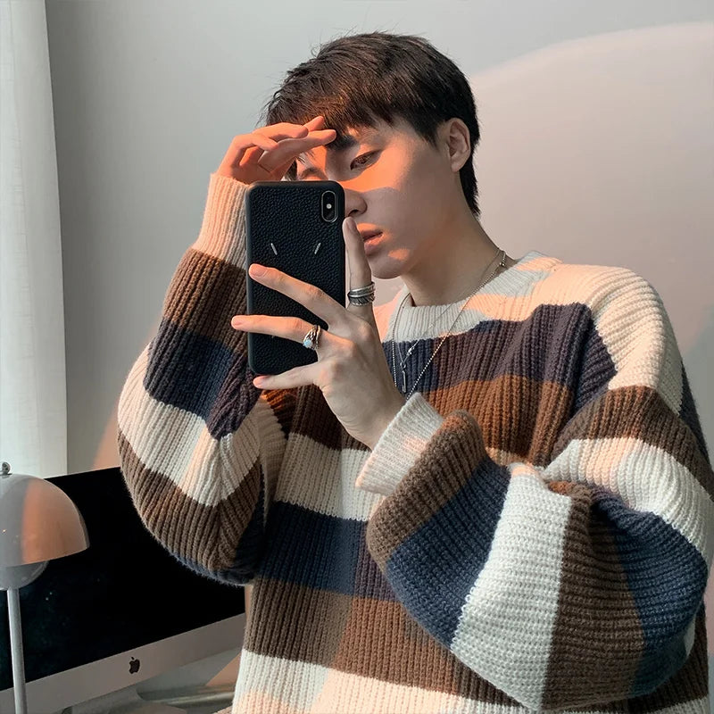 Men's Casual Loose Knitted Sweater Autumn Winter New Sle Lazy Faion Trend Stripe Knitwear Comfortable Base Layer Woolen S...