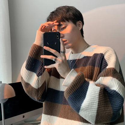 Men's Casual Loose Knitted Sweater Autumn Winter New Sle Lazy Faion Trend Stripe Knitwear Comfortable Base Layer Woolen S...
