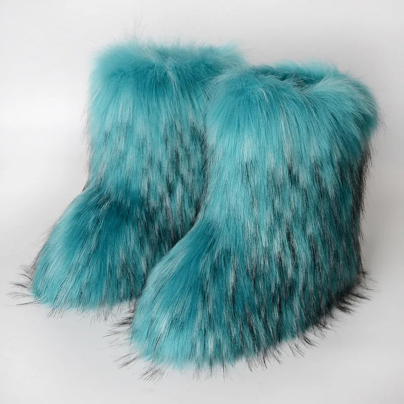 Women's Winter Snow Boots Outdoor Luxury Furry Faux Fox Fur Boots Woman Plush Warm Platform Shoes New Fashion Bottes Big Size 46
