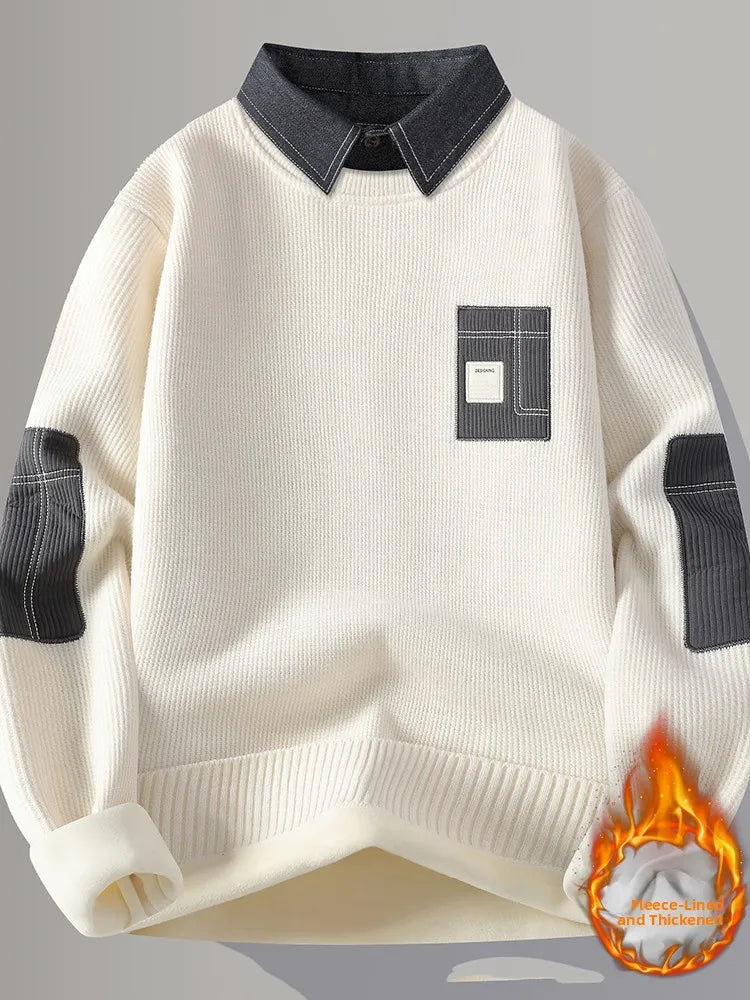 Men's Fce Lined Thiened Long Sve Knitted Sweater Autumn Winter Sle irt Collar  Soft Polyester Casual Wear