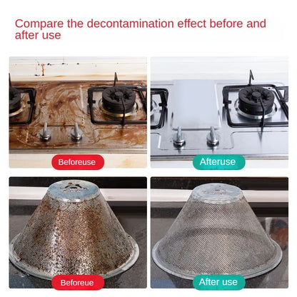 Before and after decontamination of a stove and a metal mesh filter.