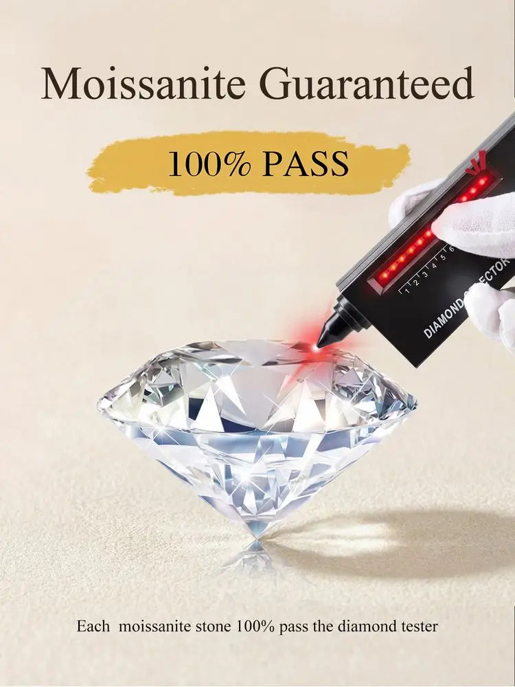 Diamond tester being used on a moissanite stone with text indicating 'Moissanite Guaranteed 100% Pass'.