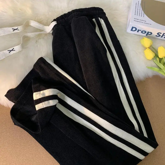 Herren-Fleece-Kordhose, gestreift, gerade geschnitten, mit Kordelzug, lässig