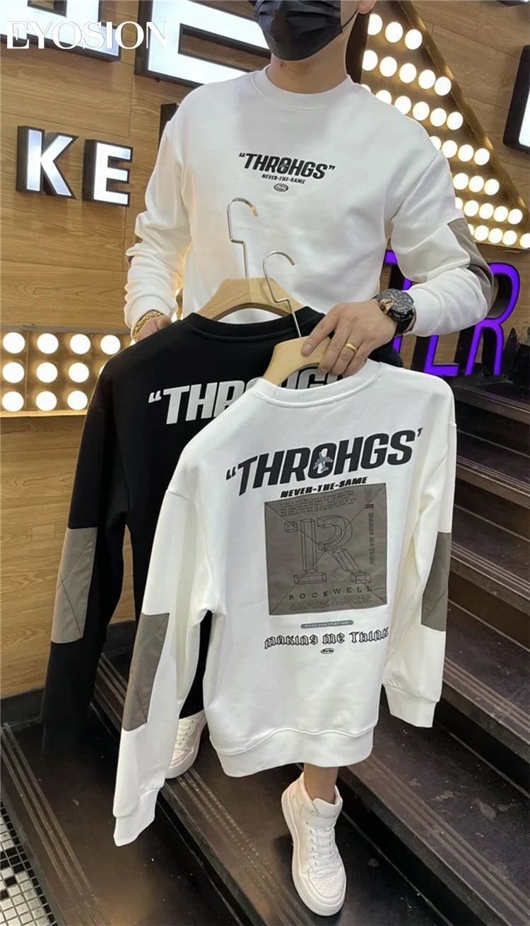 Herbst Herren Sweatshirt Pullover Buchstaben-Druck Rundhals Slim Fit Verdicken Hoodie Langarm Freizeit Sweatshirt Herren Oberteile