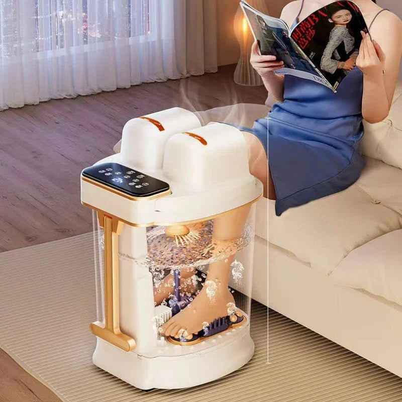 Person using a foot spa machine in a living room setting