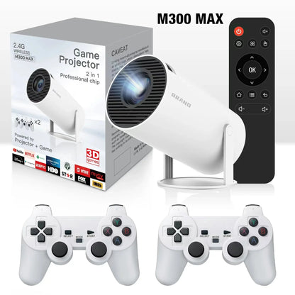 2025 M300 MAX Retro game consoles Android 11 Portable 3D game Projector with Two Handle RK3326 1080p BT5.4 4K Smart Home Theater