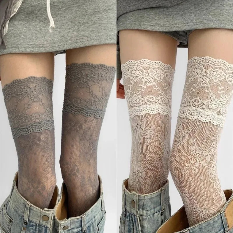 Two pairs of lace-patterned tights worn by models on a plain background.