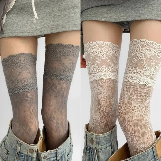 Two pairs of lace-patterned tights worn by models on a plain background.