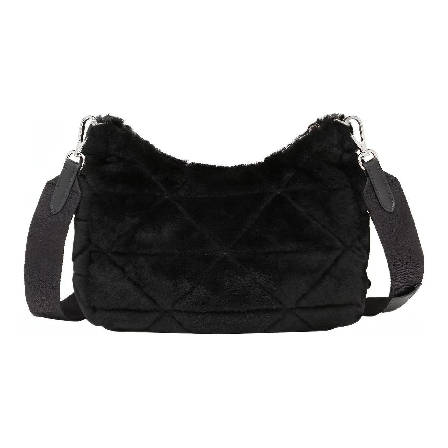 Black quilted handbag with fur-like interior on a white background