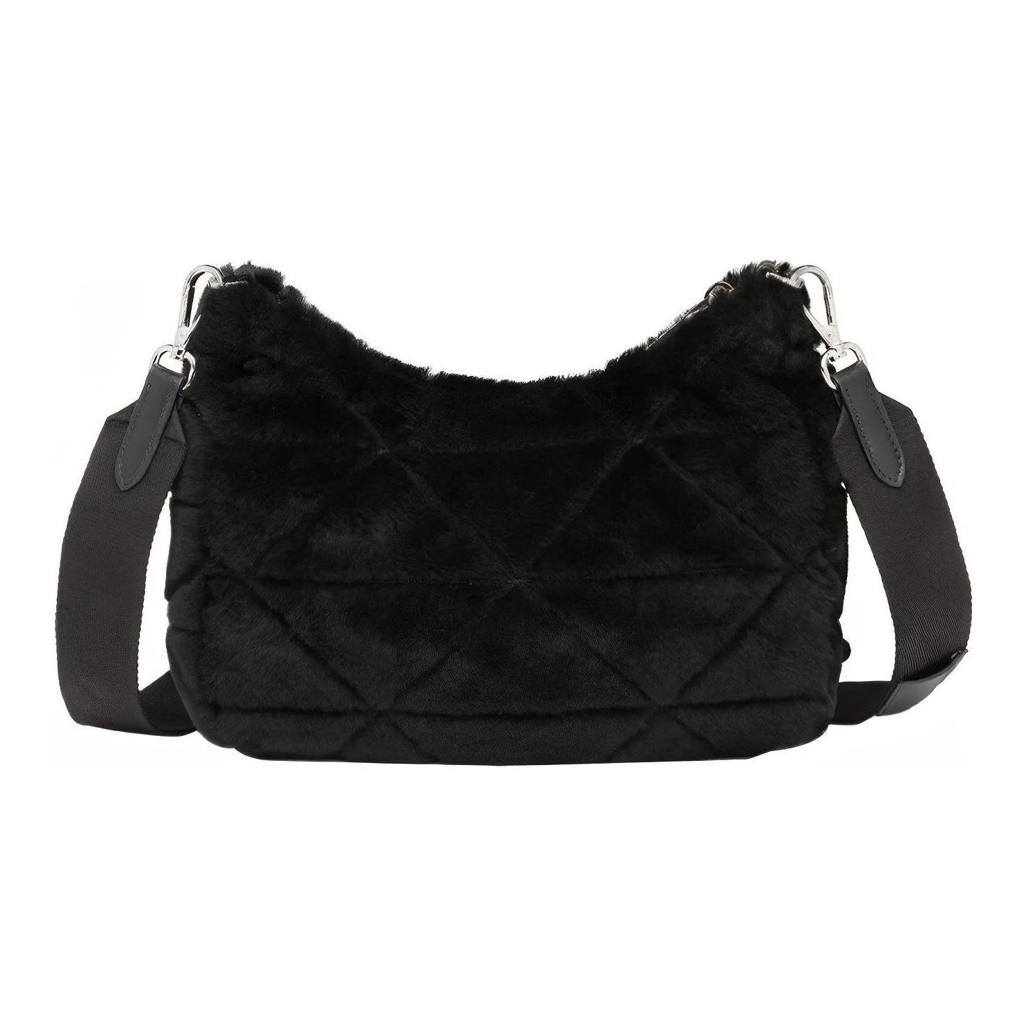 Black quilted handbag with fur-like interior on a white background