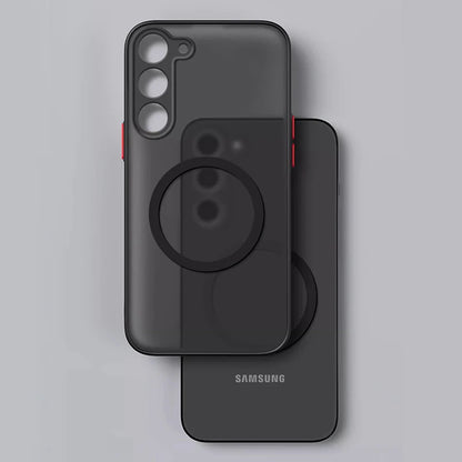 Black phone case with pop socket on a gray background