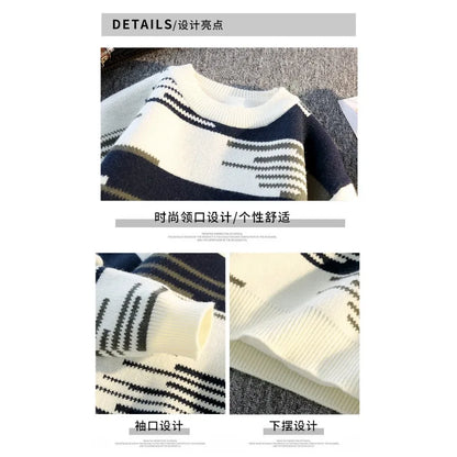 Men's Autumn and Winter Sweater Sweater Round Neck Long Sleeve Thread Contrasting Color Bottoming Shirt Top