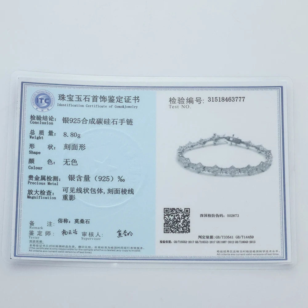 Jewelry certification card with a silver bracelet on a white background