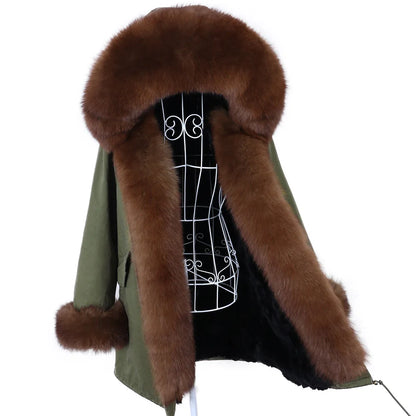 MAOMAOKONG 2023 Abnehmbarer Echtfuchs Pelzkragen Mäntel Damen Winterjacke Kapuze Kaninchenfellfutter Lange Parkas Damenbekleidung