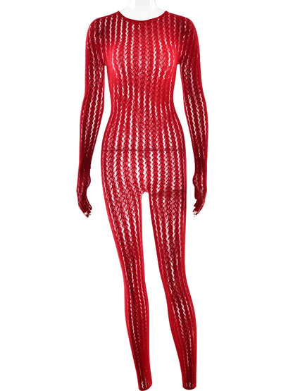 Sibybo Transparente, ausgehöhlte Jumpsuits Damen Sommer Rundhals Langarm Hochelastisch Einteiliger Jumpsuit Overall Dünner Sexi Overall