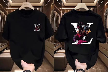 Black t-shirt with colorful 'V' logo held by a hand in a well-lit room.