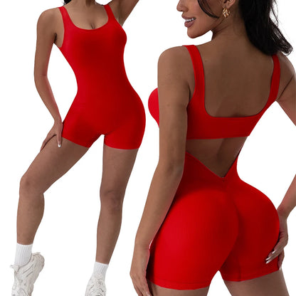 1 STÜCK Rückenloses Yoga-Set U-Ausschnitt Ärmelloser Sport-Jumpsuit Einfarbig Gerippt Stretch Damen Bodysuit Ohne Brustpolster