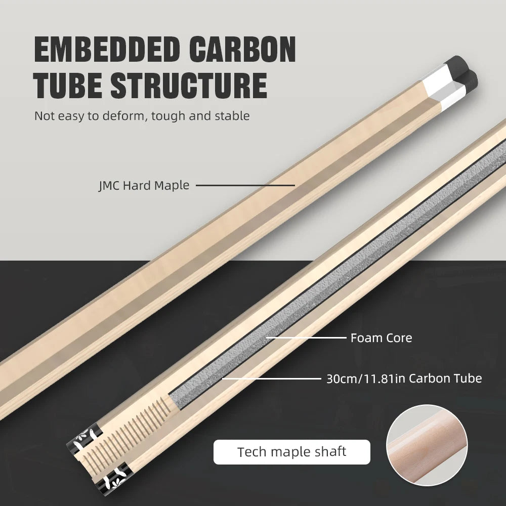 Wooden shaft with embedded carbon tube structure on a gray and black background
