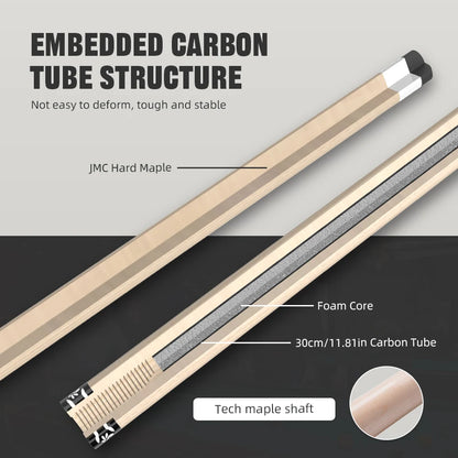 Wooden shaft with embedded carbon tube structure on a gray and black background