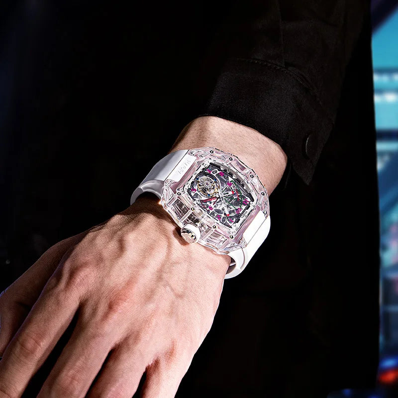 Haofa Tourbillon Crystal Transparent Hollowing Waterproof Luminous Automatic Mechanical Watches