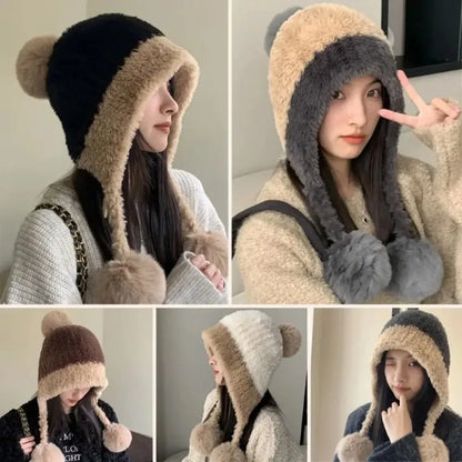 Womens Knitted Hat Winter Warm Beanie with Ear Flaps Pom Pom Extra Soft Thickened Lining Cold Weather Cap for Outdoor Sports