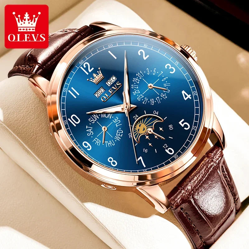 OLEVS Automatic Moon Phase Watch for Men — Leather, Waterproof, Luminous