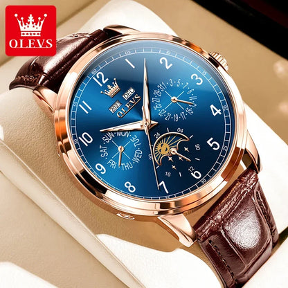 OLEVS Automatic Moon Phase Watch for Men — Leather, Waterproof, Luminous