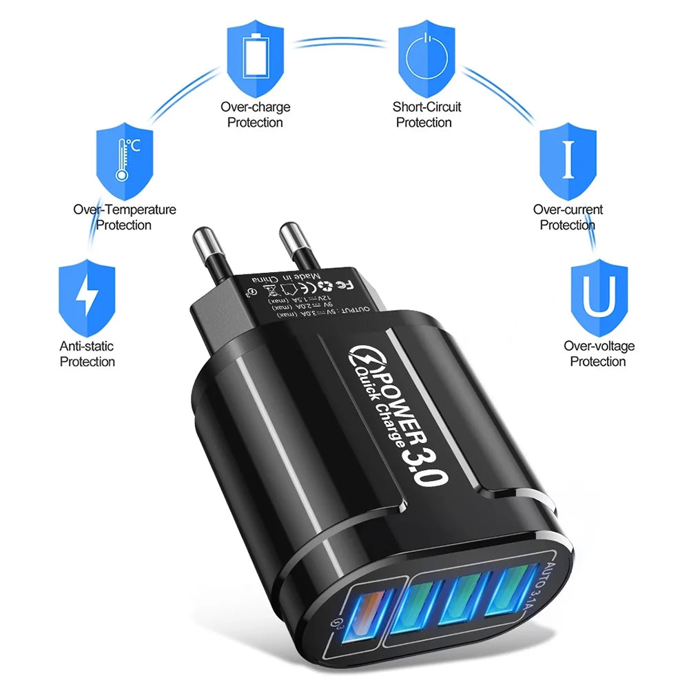 Black power adapter with multiple protection icons on a white background