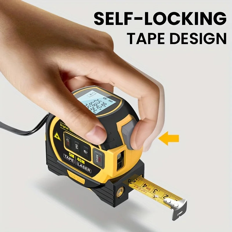 Digital tape measure with self-locking tape design, held by a hand on a light gray background.