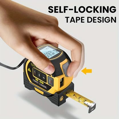 Digital tape measure with self-locking tape design, held by a hand on a light gray background.