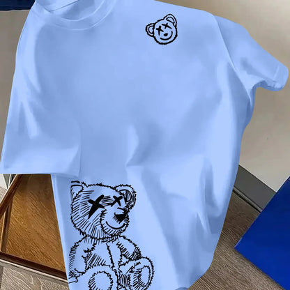 00% reine Baumwolle Herren Cartoon Bär Muster bedrucktes modisches lässiges lockeres Sport Rundhals Kurzarm T-Shirt Oberteil