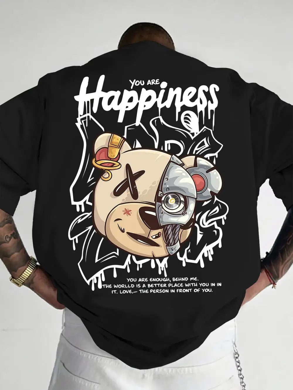 2025 New Men's Personalized Graffiti Bear Letter Printed Breathable and Comfortable Round Neck T-shirt Outdoor High Street Top