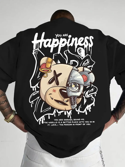 2025 New Men's Personalized Graffiti Bear Letter Printed Breathable and Comfortable Round Neck T-shirt Outdoor High Street Top