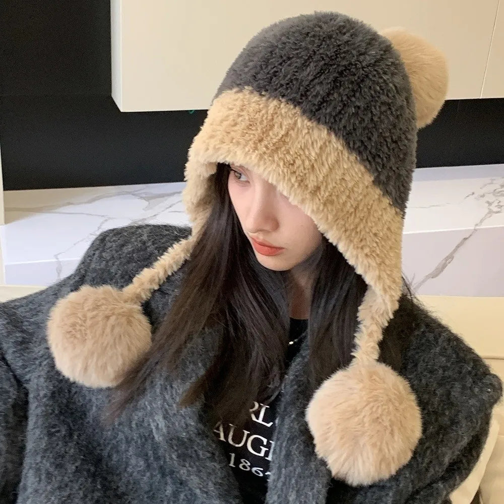 Womens Knitted Hat Winter Warm Beanie with Ear Flaps Pom Pom Extra Soft Thickened Lining Cold Weather Cap for Outdoor Sports