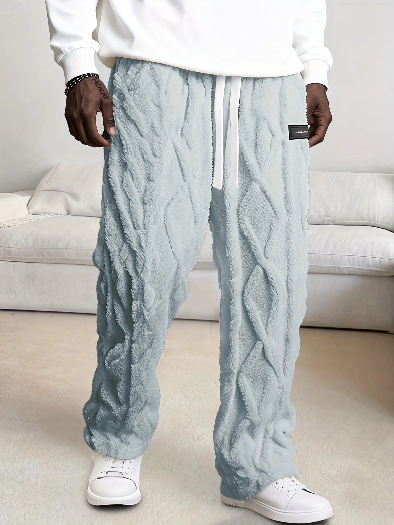 Men'S Winter Warm Fleece-Lined Pants with Drawstring Waist - Cozy Geometric Pattern Lightweight & Comfortable Outdoor Activities