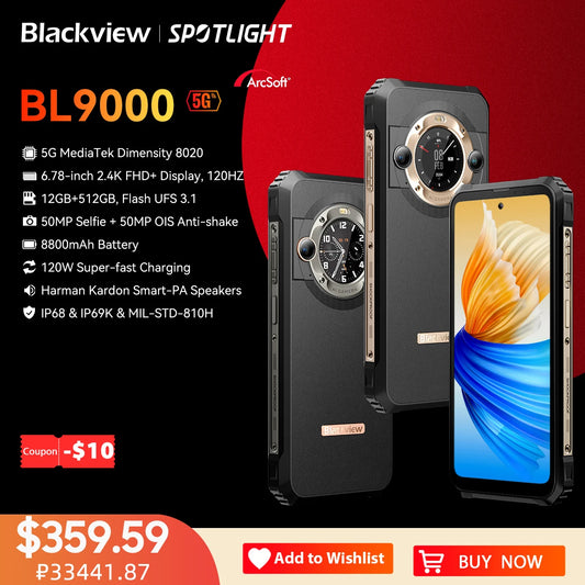 Blackview BL9000 smartphone with specifications on a promotional background