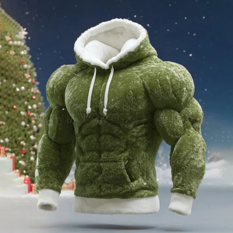 Men's Casual Sports Hoodie Fleece Lined Chest Muscle Print Long Sleeve Loose Fit Polyester Fiber Digital Print Hooded Sweatshirt