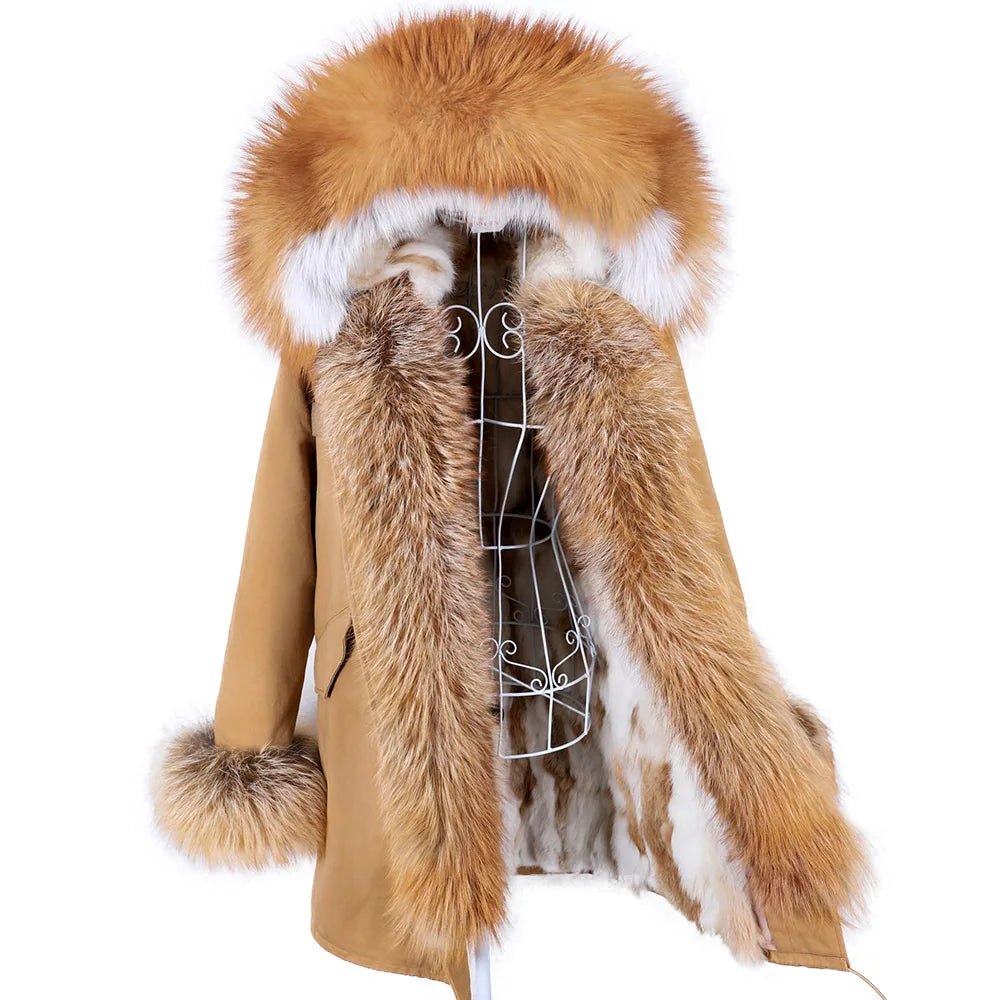 MAOMAOKONG 2023 Abnehmbarer Echtfuchs Pelzkragen Mäntel Damen Winterjacke Kapuze Kaninchenfellfutter Lange Parkas Damenbekleidung