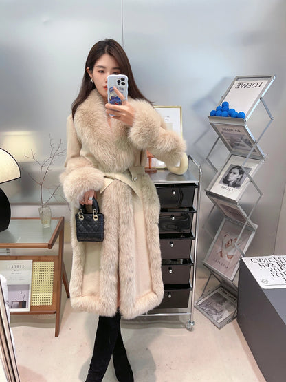 2025 Neuer Winter Damen Naturfuchs Fellkragen Lange Weiße Gänsedaunenjacke Wollmantel Warmer Mantel Dicker Luxus Damenmäntel
