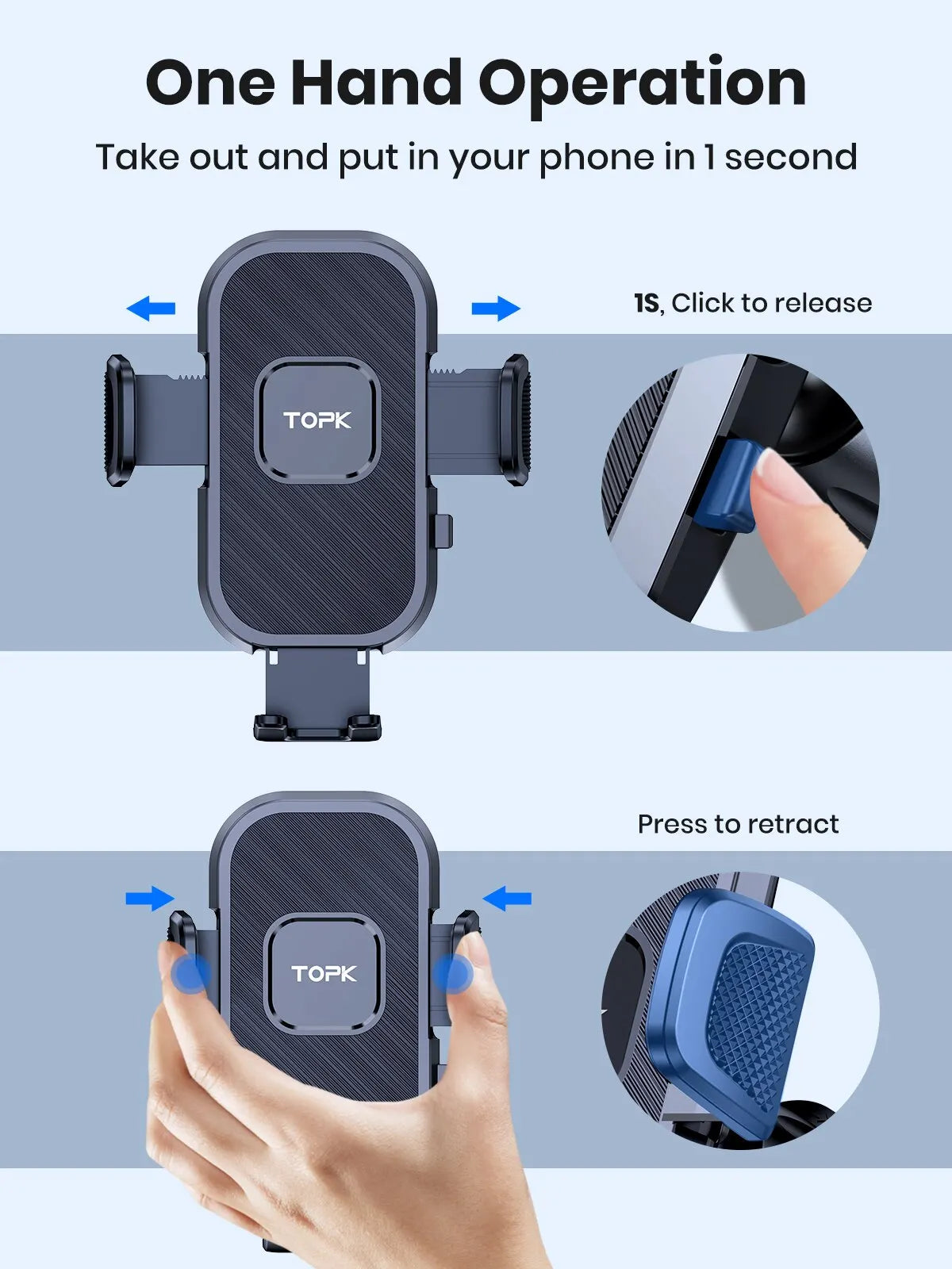 Topk phone holder with instructions for one-hand operation on a gray background