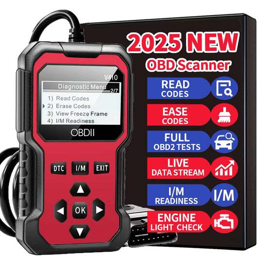 Red OBD scanner with features listed on a black background