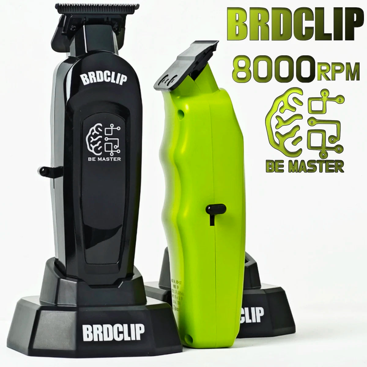 Two hair trimmers, one black and one green, with 'BRDCLIP' branding on a white background.