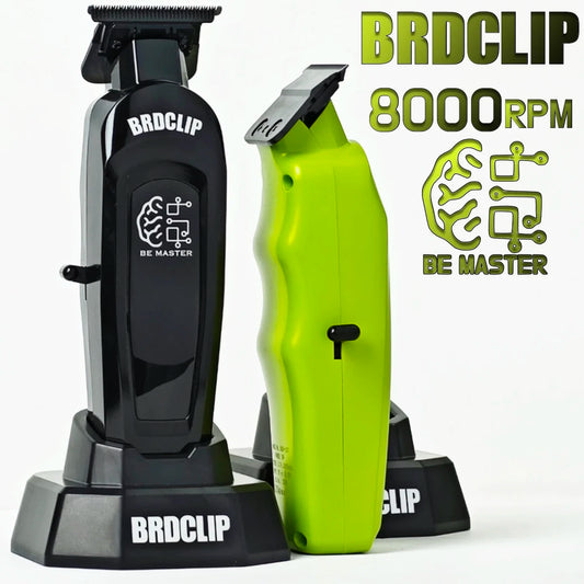 Two hair trimmers, one black and one green, with 'BRDCLIP' branding on a white background.