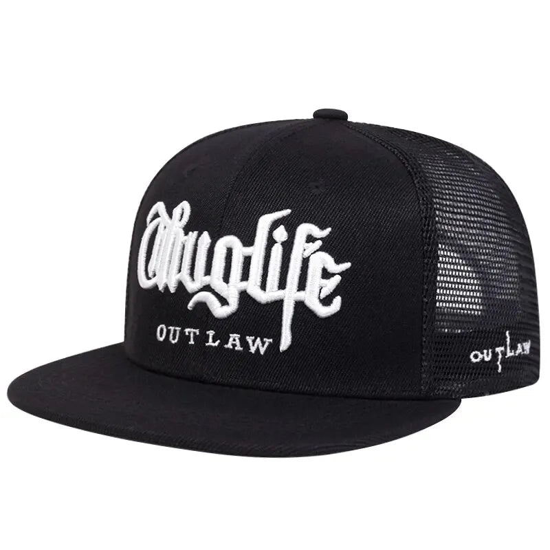 Black trucker cap with white text on a white background